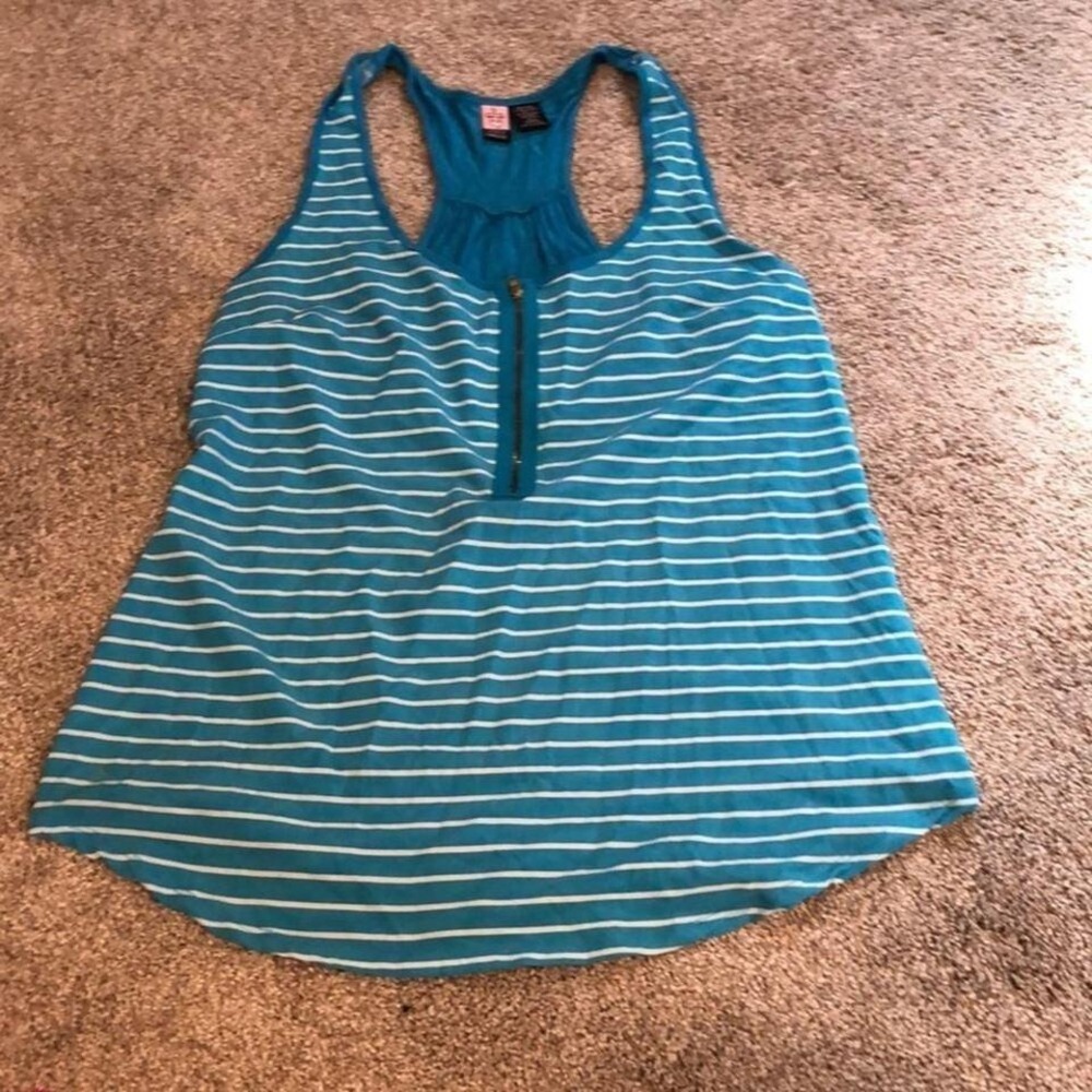 Love On A Hanger Turquoise Blue Striped Racerback‎ Tank Top Half Zip Size L